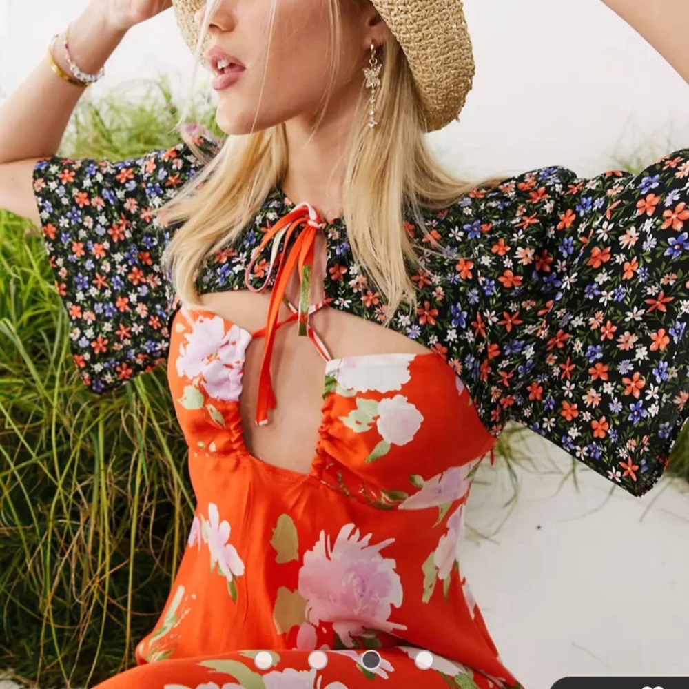 ASOS DESIGN cut out floral print maxi tea dress in red